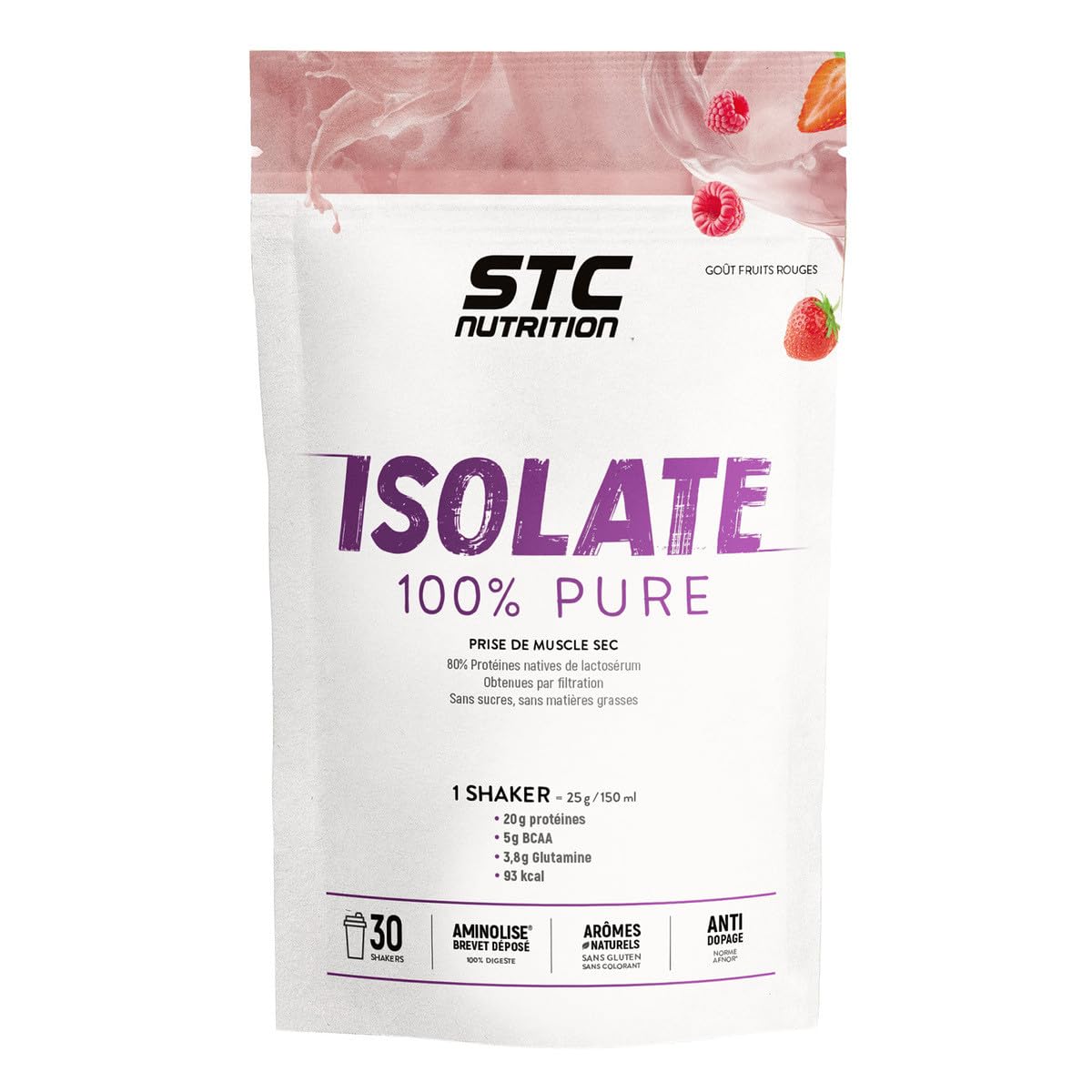 STC NUTRITION – Isolate 100% Pure – Spécial Prise de Muscle Sec et Sèche – Protéine Isolat Lactosérum – Brevet Aminolise 100% Digeste - Sans Colorant Gluten – Goût Fruits Rouges – 30 Shakers – 750g