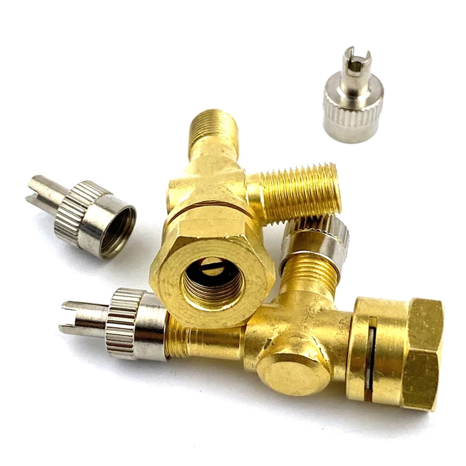 Adaptador de válvula en T de 3 vías, de cobre puro, amarillo, for depuración de neumáticos de coche, accesorios for válvulas de purga de neumáticos for motocicletas y automóviles.