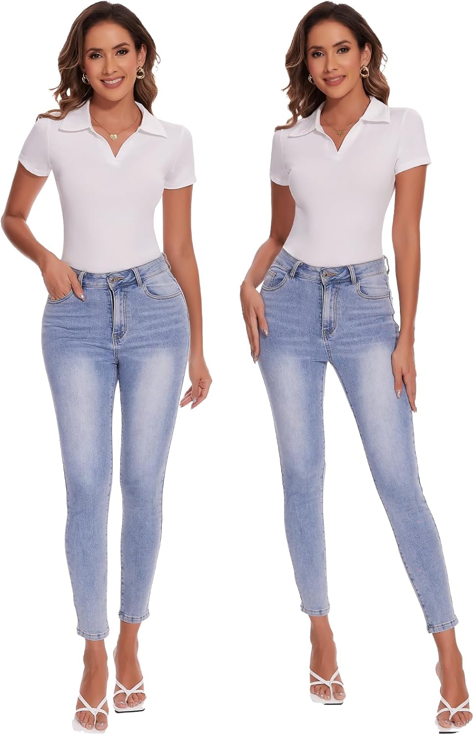 SHAPERIN Women Long Sleeve Bodysuit V Neck Polo T-shirt Basic Top Collared Body Suit Jumpsuit - Image 5