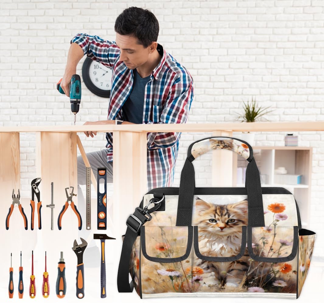 Cute Cat Flower Tool Bag with Multi-Pockets Wide Mouth Tool Tote Bag for Women and Men Waterproof Tool Organizer Storage Bag with Adjustable Shoulder Strap and Ergonomic Handle