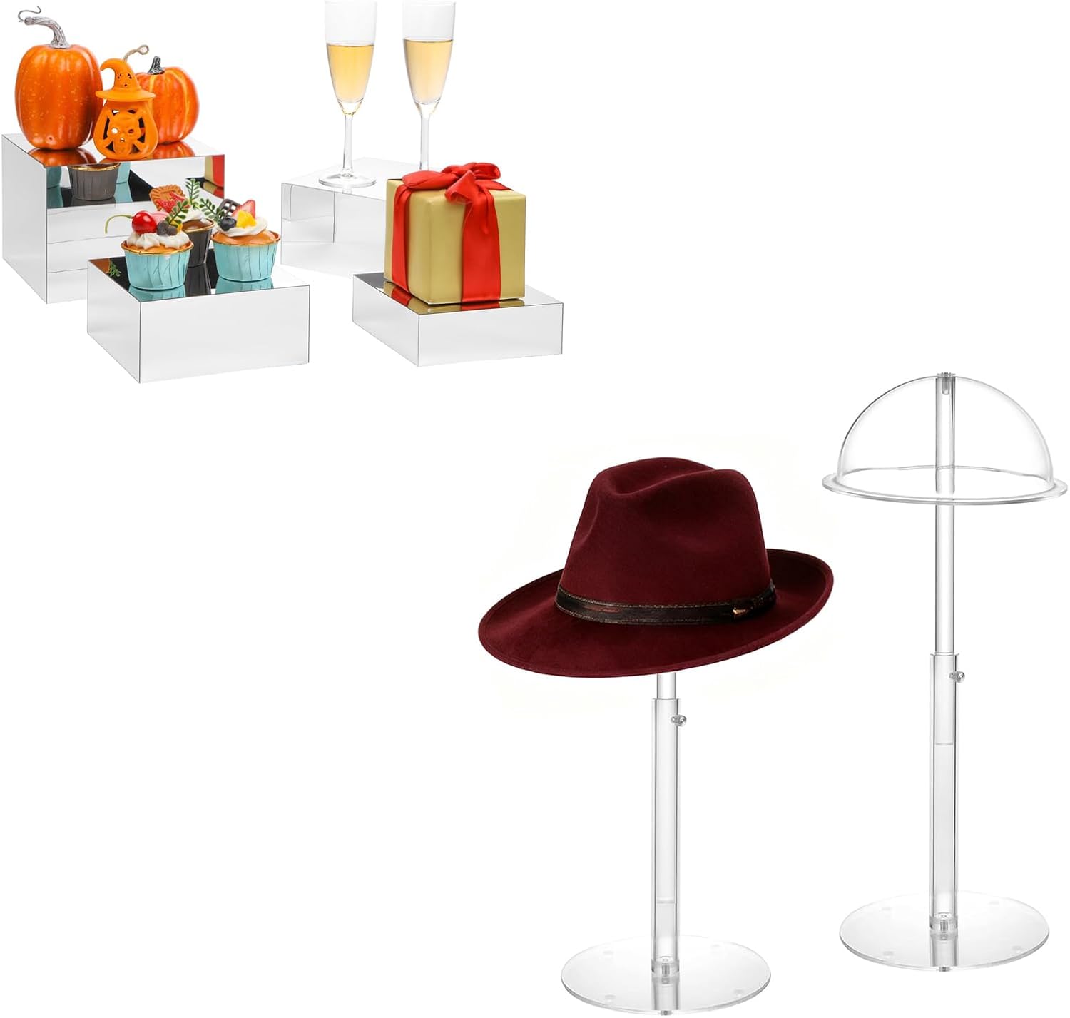 Silver Mirror Risers & Adjustable Hat Stands Set, Acrylic Display Bundle for Jewelry, Purses, Hats & Retail Products