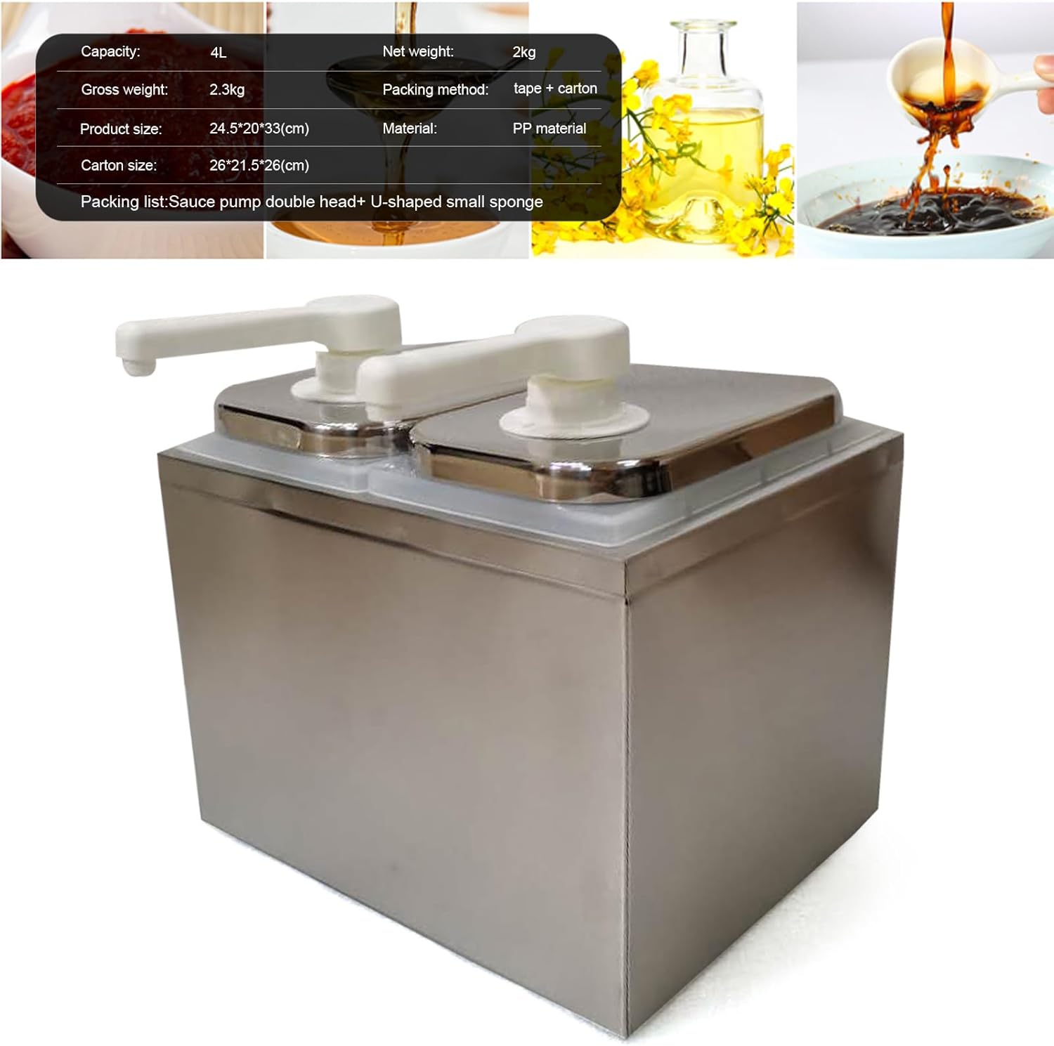2L Sauce Dispenser Pump, Double-Headed Condiment Pump Station, Commercial Stainless Steel Dispenser Condiment Pump for Ketchup, Salad, Jam, Seasoning, Fudge (Double-Headed)