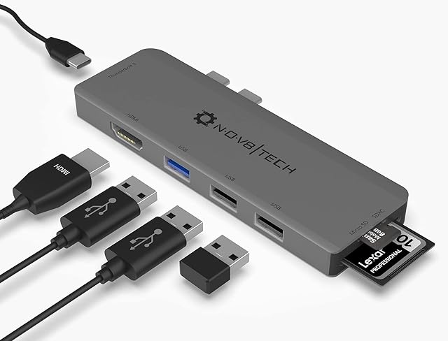NOV8Tech 7-in-2 USB C to HDMI Hub Adapter Slim Dongle for Gray MacBook Pro M1 2016-2022 & MacBook Air M1 2018-2022, SD/Micro SD Reader, Thunderbolt USB C 100W Power Delivery, USB 3.0, 2X USB 2.0