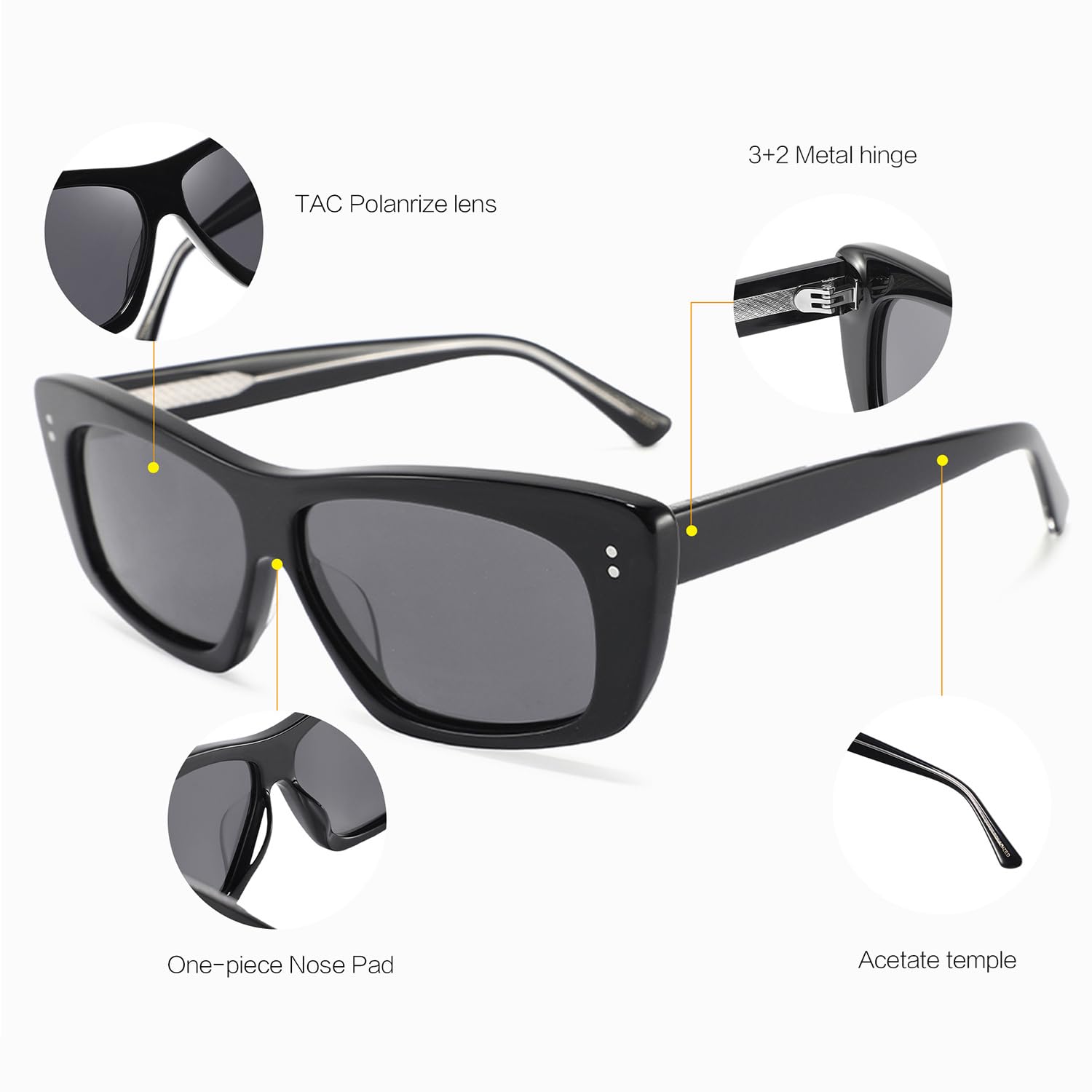 Occhiali da sole in acetato di alta gamma, montatura piccola, eleganti e versatili, polarizzati per attività all'aperto, con finiture in microfibra.