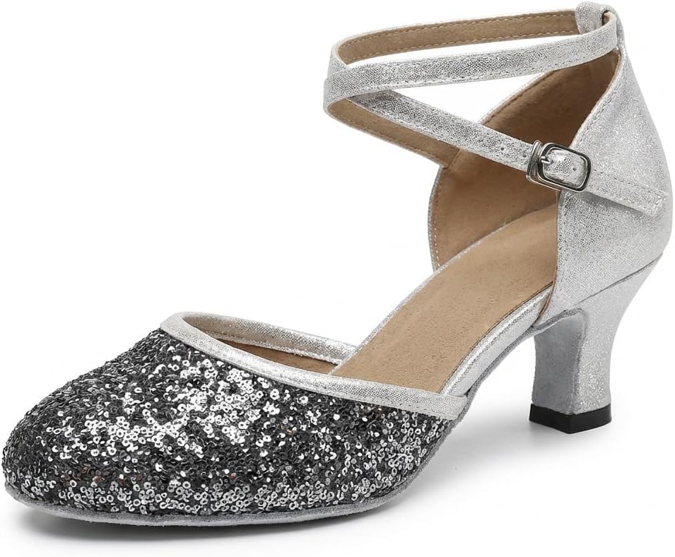 MSMAX Women's Glitter Latin Dance Shoes Sequin Closed Toe Ankle Strap — Ballroom Salsa Tango 1920s Flapper Party Shoes