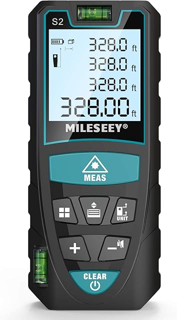 Laser Distance Meter 100M/328ft, Mileseey by RockSeed IP54 Laser Measure with 2 Bubble Levels,Portable Laser Rangefinder Digital Distance Meter with 4 Line LCD Display and Big Clear Backlight