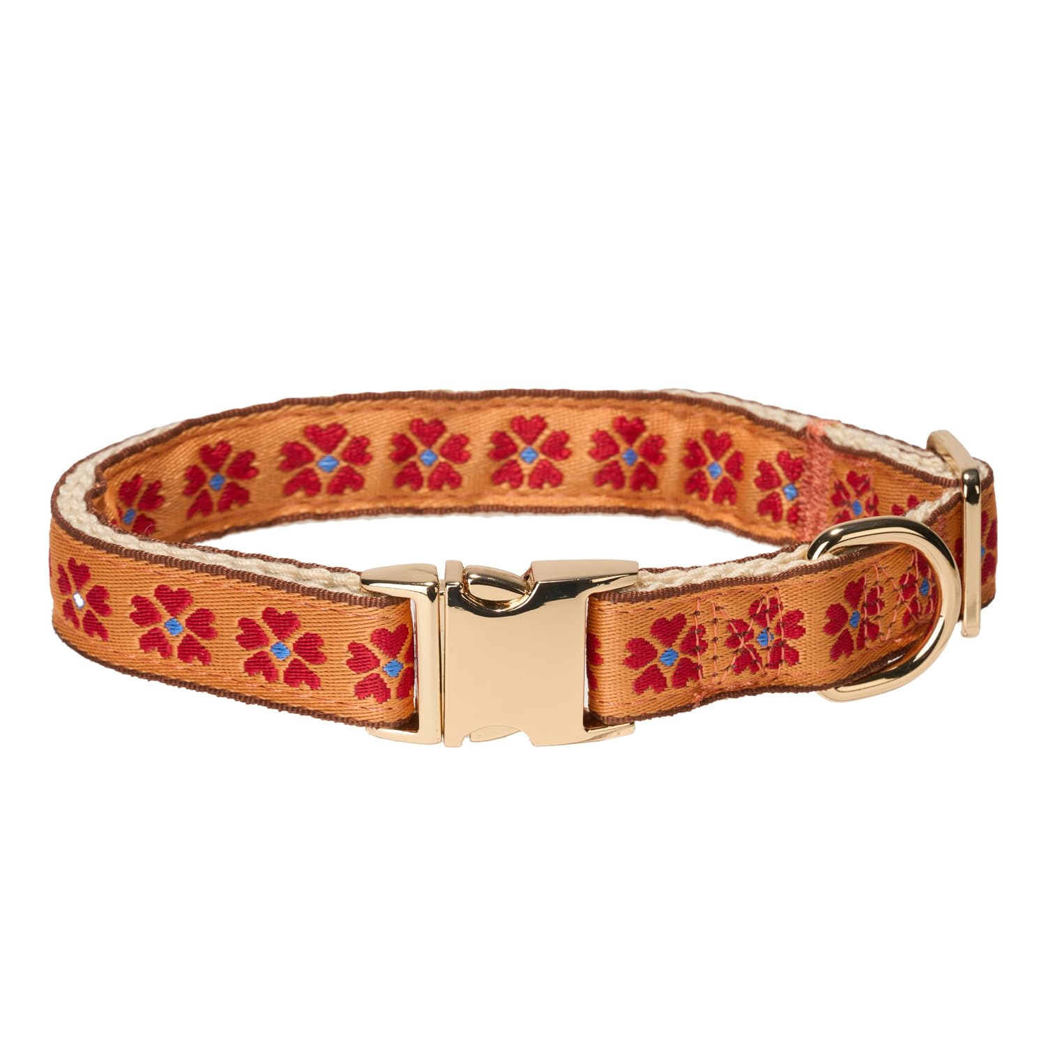 Innovative Jacquard Webbing in Orange Floral Pattern Dog Collar with Soft Natural Cotton Padding and Gold Metal Buckle-Adjustable and Durable for Medium Dogs