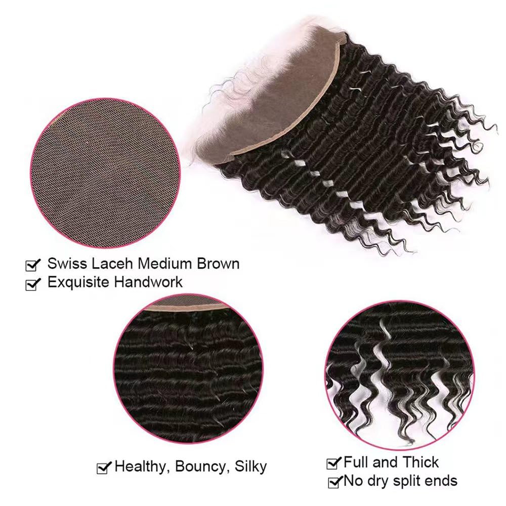 13x4 HD Lace Frontal Closure Deep Wave 14 Inch Pre Plucked Ear To Ear Frontal Free Part Closure with Baby Hair Brazilian Virgin Curly Human Hair for Women Natural Black