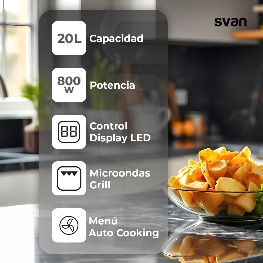 Svan Microondas 20 Litros Integrable con Grill Blanco SMWI2800DGB. 800W, Grill 1000W, 8 Programas, Modo Descongelación, Revestimiento Interior, Fácil Limpieza, Temporizador 95min.