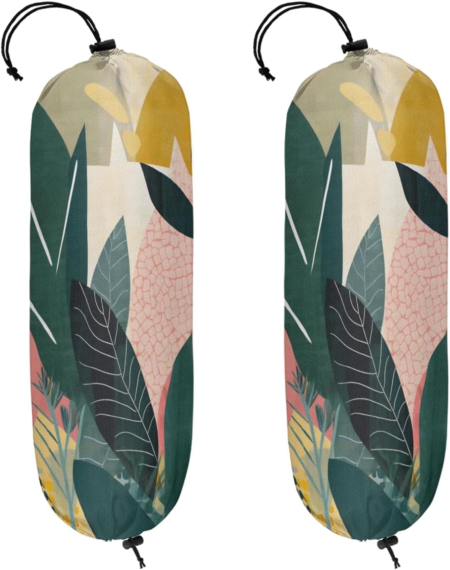 Boho Sage Green Plastic Bag Holder Set of 2, Palm Leaf Reusable Hanging Grocery Bag Organizer for Home Kitchen Pantry Decor