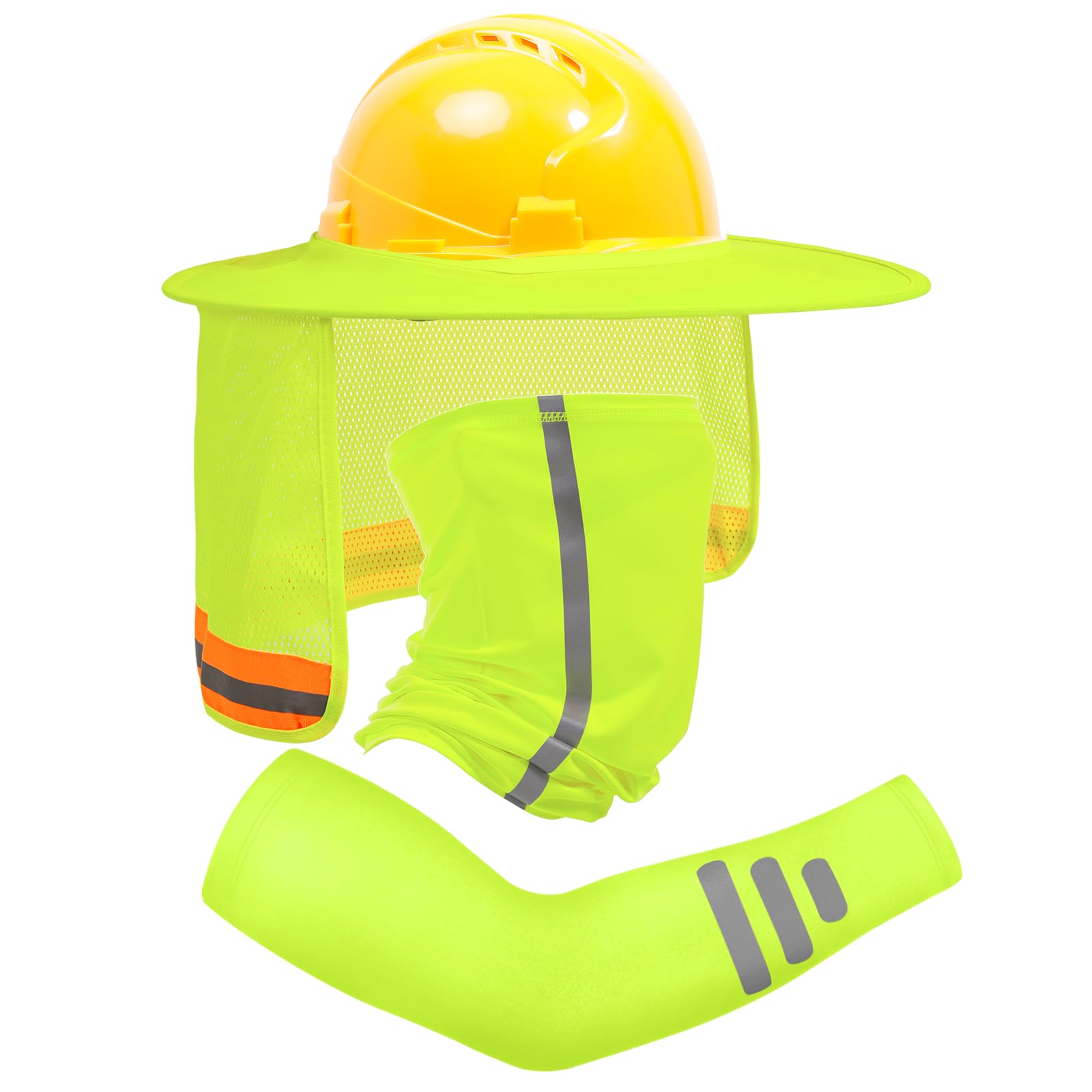 TCCFCCT Hard Hat Sun Shade, Full Brim High Visibility Sun Visor Neck Shield and Bandana Face Scarf with Construction Arm Sleeves, 3 Packs, Yellow