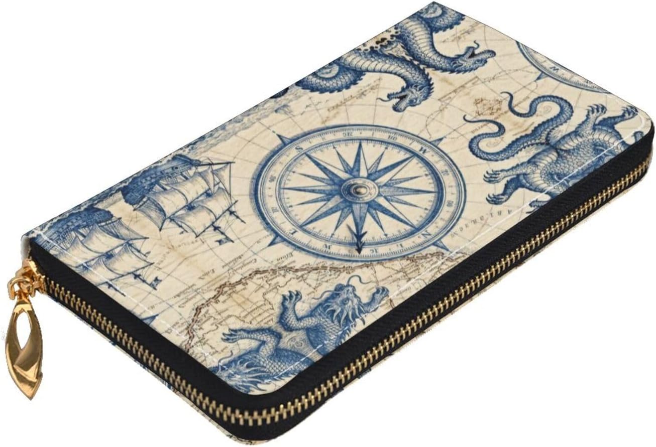 Old-fashioned map Long Zip Around Wallet for Women, Large Capacity RFID Leather Wristlet Wallet with 12 Card Slots Coin Purse, Fashion Clutch Purse with Wrist Strap
