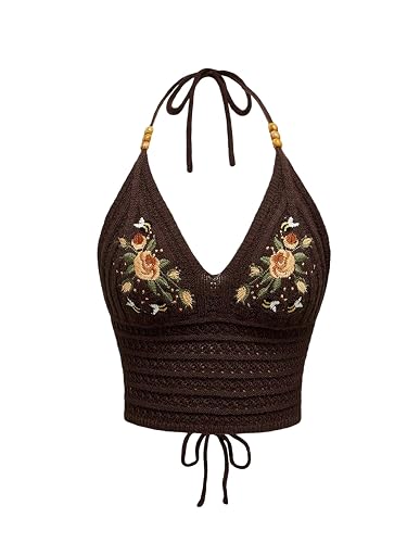 Verdusa Women's Y2k Halter Tops Gothic Clothes Summer Going Out Tops Crochet Cami Tie Boho Cowgirl Outfits