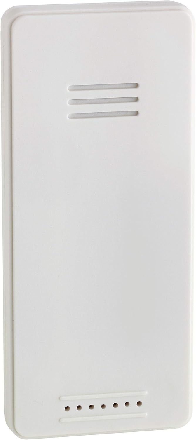 White rectangular outdoor temperature sensor with ventilation slots.
