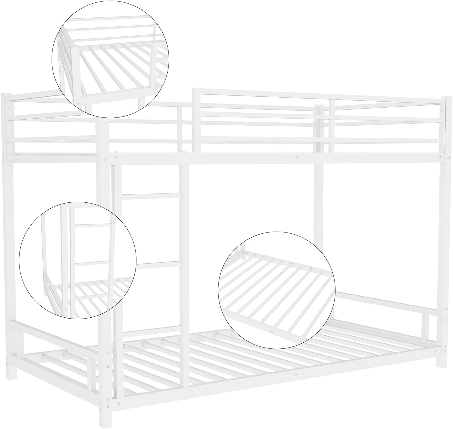 Metal Bunk Bed Twin Over Twin, Low Profile Bunk Bed Frame with Ladder & Full Length Guardrail, Heavy Duty Space-Saving Design, Easy Assembly, Metal Slatted Floor Bed Frame for Teens & Adults (White)
