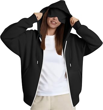 Zip Up Hoodie with Eye Mask Built In, Comfort Airplane Wearable Blanket Sweatshirt Men Women Sleep Clothes