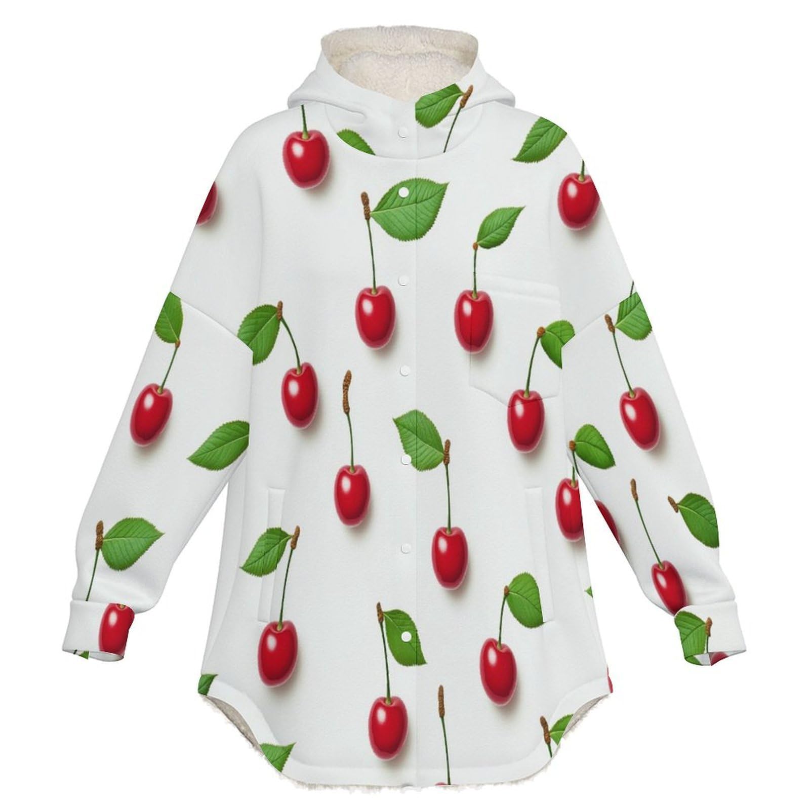 Felpe con Cappuccio da Donna Foglie Verdi di Ciliegio Felpa Donna Invernale con Bottoni Stile Adesivo Foderata in Pile Sherpa, Abbigliamento Caldo e Morbido con Tasche, S-6XL, Rosso