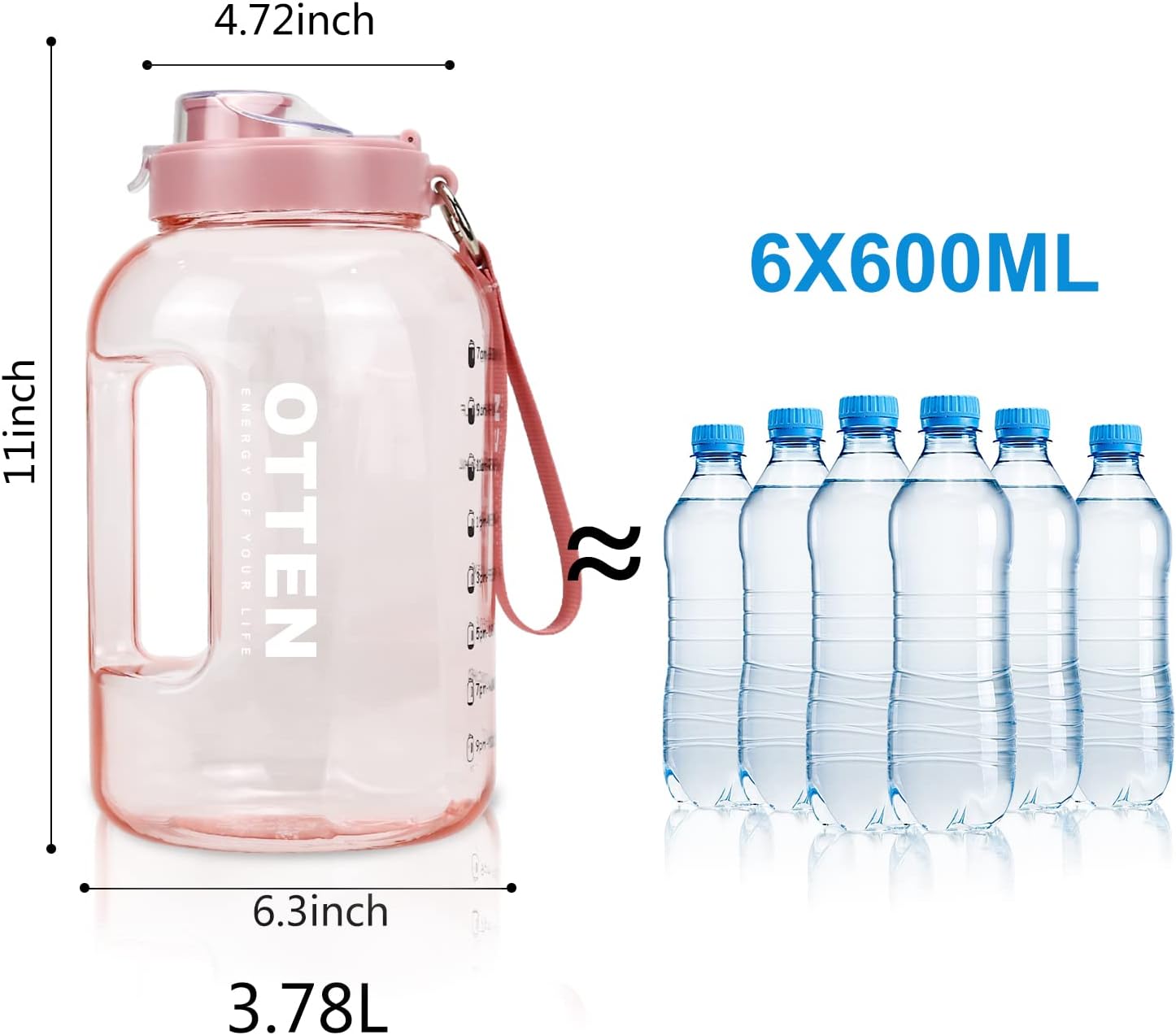 OTTEN Gallon Water Bottle with Time Marker - Water Bottles with Bottle Brush, Reusable Tritan Gym Water Bottle with Handle, BPA Free Leak Proof Water Jug (Pink, 128 Ounces)