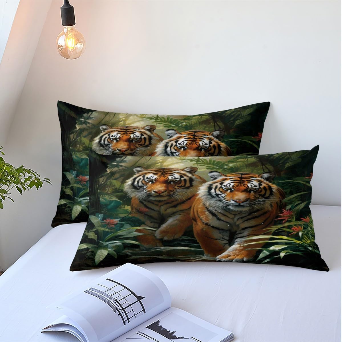 Tiger Bedding Set Twin, Dark Green Comforter Set, Tropical Plants Wildlife Animal Tiger Comforter Set Quilt Cover with 2 Pillowcases for Kids Teens Adults，Twin - Image 5