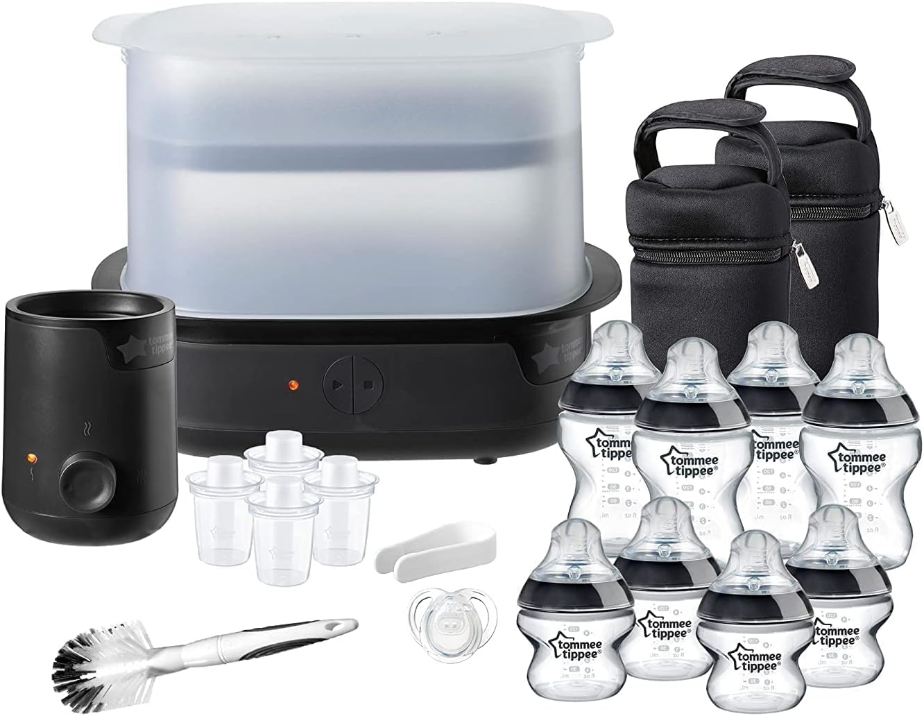 Tommee Tippee Complete Feeding Set, Super-Steam Electric Steriliser, Baby Bottle and Food Warmer, Baby Bottles and Accessories, Black
