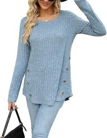 Lafural Womens Long Sleeve Tops Tunic Fall Shirts Women Sweaters Crew Neck Button
