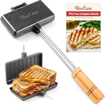 Uno Casa - Pie Irons Cast Iron Sandwich Maker - Mountain Japanese Sandwich Maker with Recipe Book - Durable Campfire Cooking Equipment for Toasted Pies, and More 1, Double Pie Iron - XL
