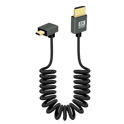 8K Short Micro HDMI to HDMI Coiled Cable, 90 Degree 48Gbps High Speed HDMI2.1 Support HDR, 8K@60Hz, 4K@120Hz, Compatible with Camcorders, Monitors (Up)