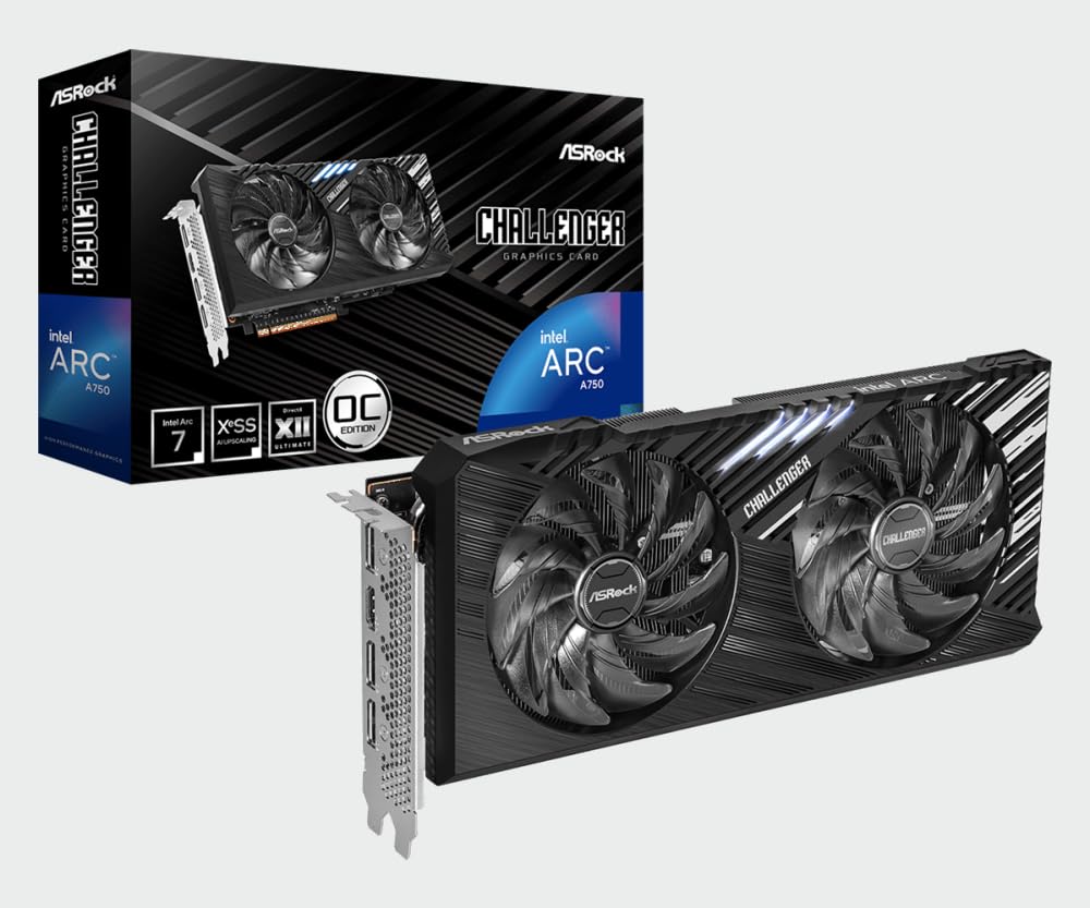ASRockIntel Arc A750 Challenger SE 8GB OC 16 Gbps 256 bit GDDR6 7680 x 4320 Dual Fan 0dB Silent Cooling Video Graphics Card 650W