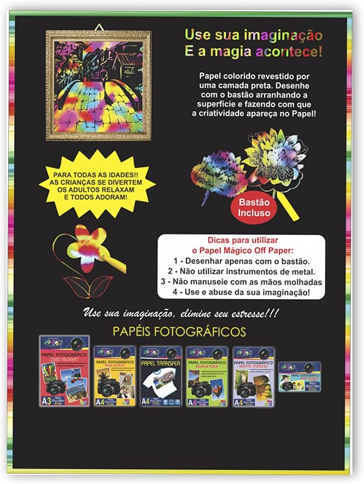 Papel Mágico com bastão, Off Paper, contém 5 folhas no formato A4, Multicolor, 10426,