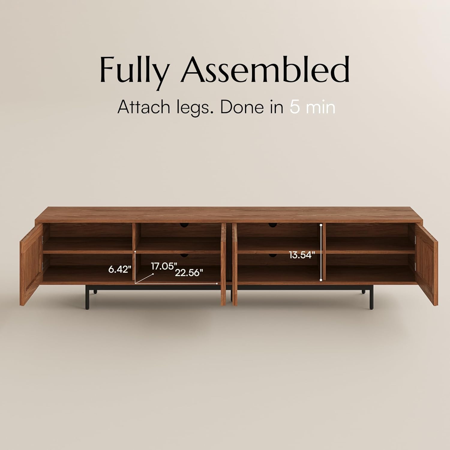 POVISON Mid-Century Modern TV Stand with Slatted Doors, Fully Assembled 94.49" Wood Media Console, TV Console with Tall-cast Metal Legs, Entertainment Center with Storage for Living Room