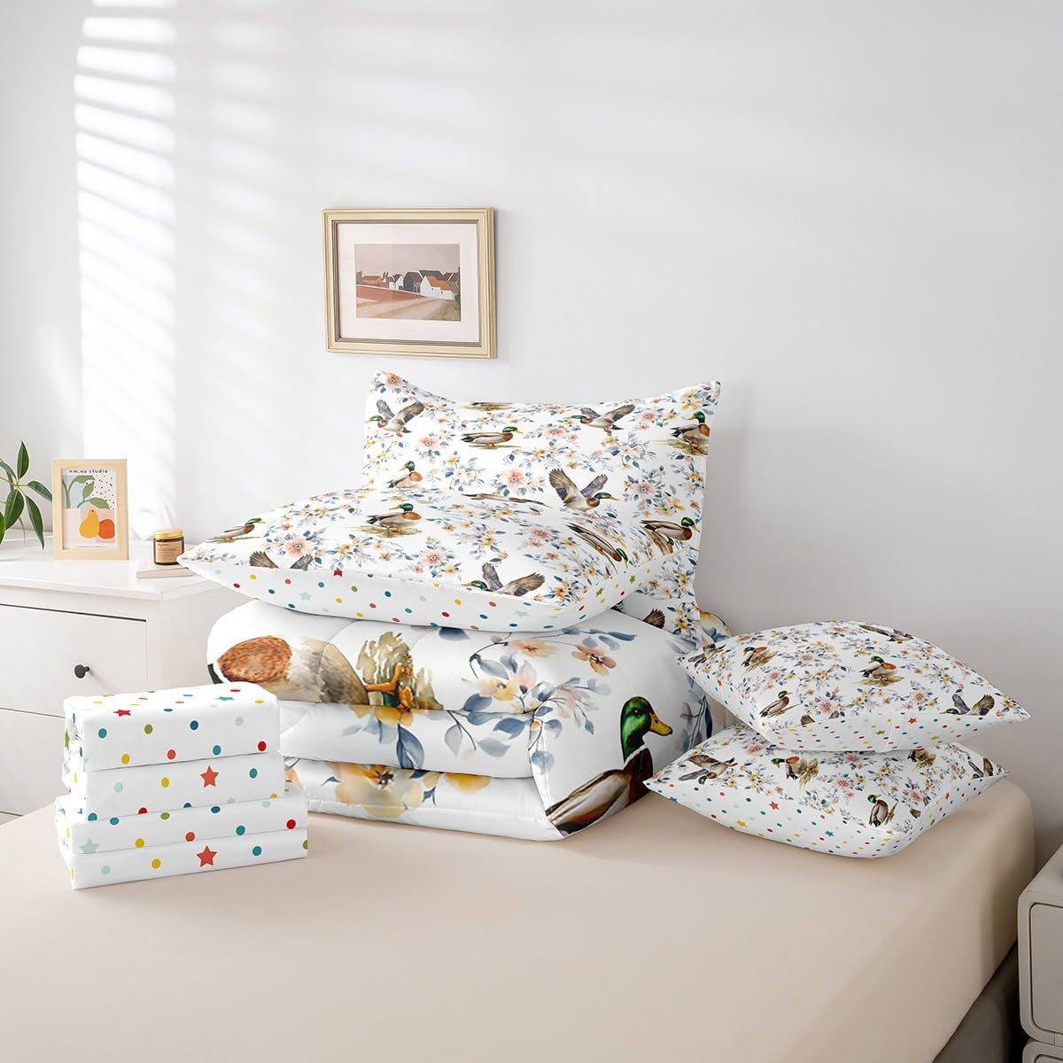 Erosebridal Queen Mallard Duck Bird Comforter Sets 7-Piece,Groovy Flower Floral Bedding Set with Sheets Bed in a Bag,Duck Hunting Bed Sheets Set,Wild Animal Down Comforter with 2 Throw Pillow Covers