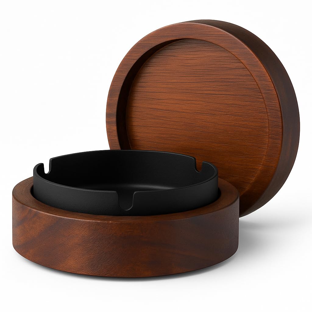 Store2508 Wooden Ashtray with Lid for Indoor Outdoor Use Windproof Design with Detachable Insert Odour Locking Premium Wood Cigarette Ash Tray Easy to Clean for Home Office Bar (Black Insert)-image-37