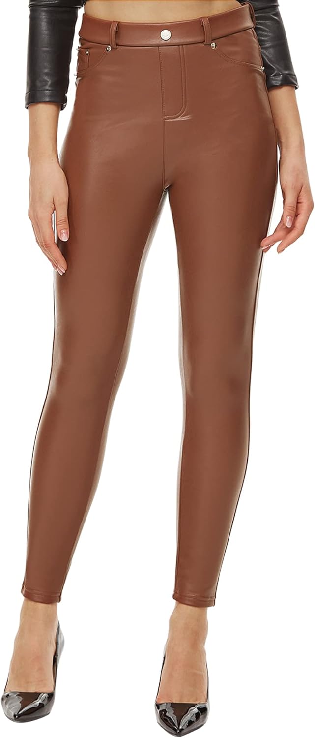 Ginasy Faux Leather Pants for Women High Waisted Stretch Tummy Control Dressy Pleather Leggings with Pockets X-Large Brown