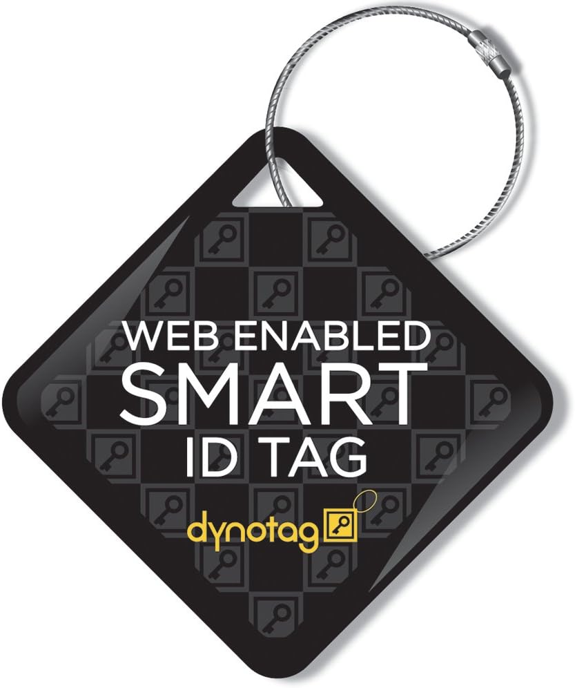 Dynotag® Web Enabled Smart ID Tag, Delue Steel tag with Braided Steel Loop, with DynoIQ™ & Lifetime Recovery Service. Diamond (Black)