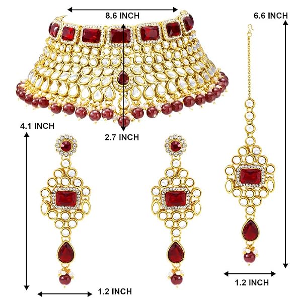 Aheli Rani Padmavati Kundan Faux Pearl Choker Necklace with Earrings Maang Tikka Gift for Women Traditional Bharatanatyam jewellery Set Maroon by Aheli - Image 4