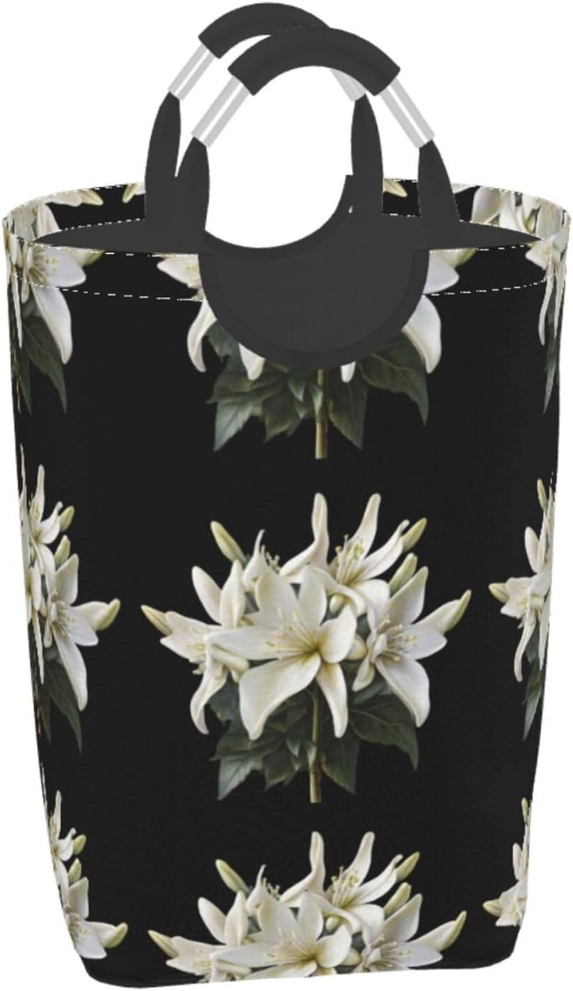 White lily Foldable storage bag, 50L capacity, suitable for laundry room, dormitory bedroom, dirty clothes storage basket.