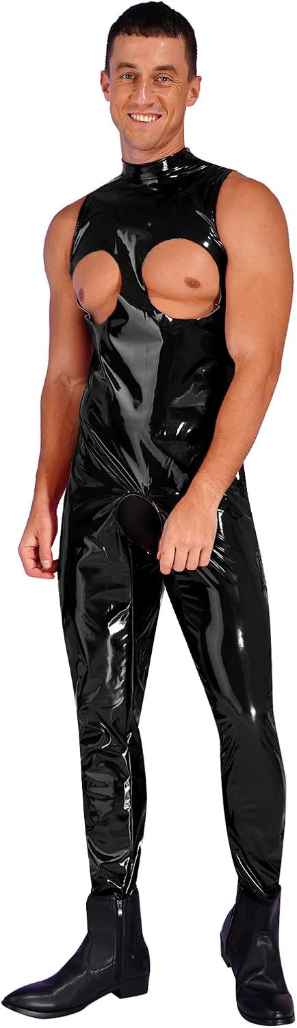 Vxuxlje Men's PVC Leather Open Cups Bodysuit Jumpsuit Latex Mock Neck Tank Catsuit Clubwear