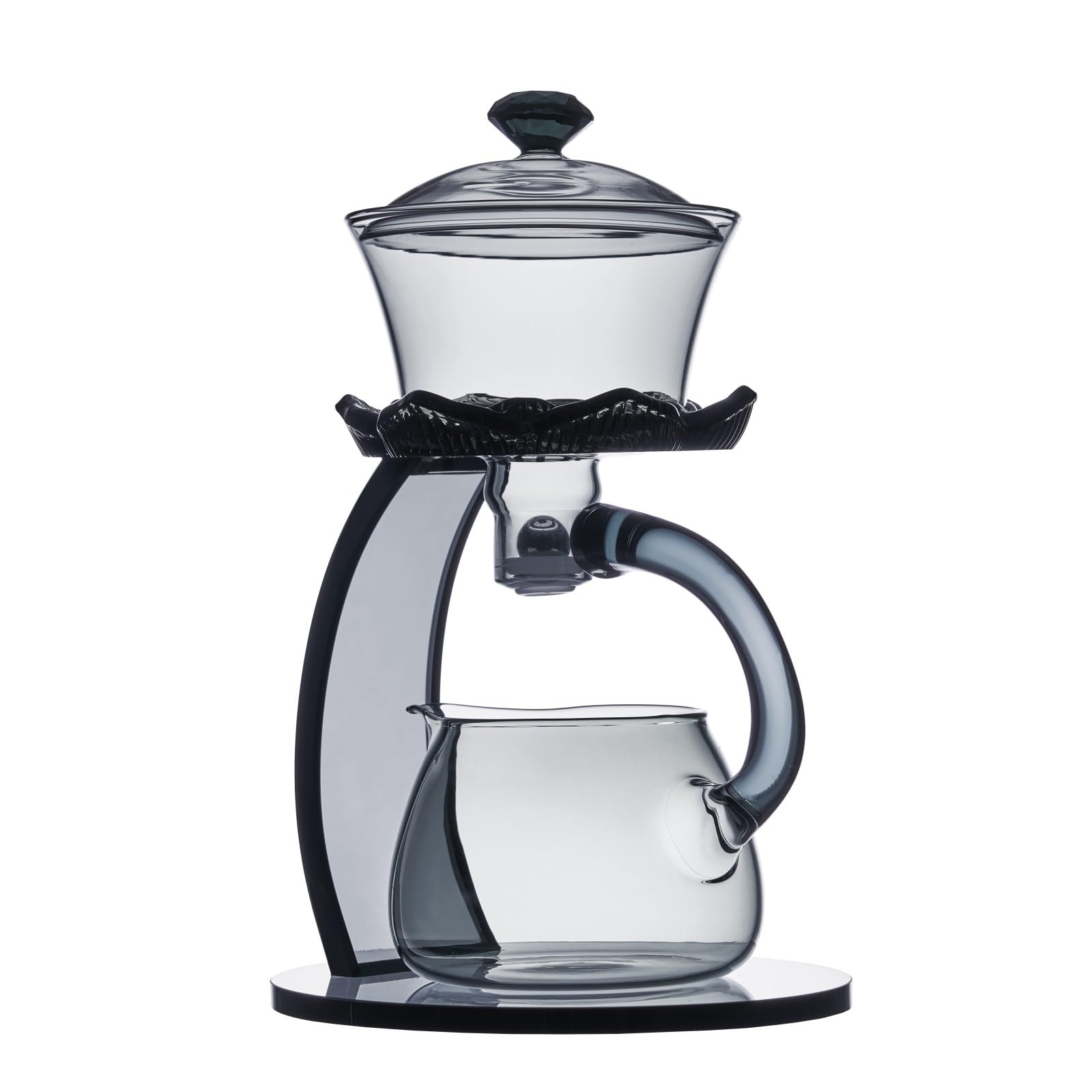 Półautomatyczny szklany czajniczek, Lazy Kungfu Drip Teapot z zaparzaczem, wzór kwiatu lotosu, żaroodporny szklany zestaw do herbaty, odpowiedni do recepcji domowej/biurowej (szary, czajniczek)