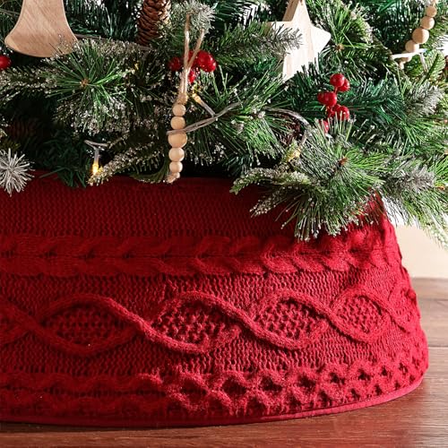 Treory Knitted Christmas Tree Collar: Burgundy Cable Knit Styles Christmas Tree Collars for Artificial Trees, Crossed Diamond Tree Ring Tree skirt for Holiday Home Indoor Decorations Décor Party Gifts