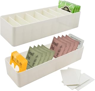 2 PCS Tea Bag Organizer with 8 Slots, White Plastic Sugar Packet Storage Box with Removable partitions for Coffee Station, Pantry, Countertop, Kitchen, Cabinet, 11.4 x 3.5 x 2.4 Inch