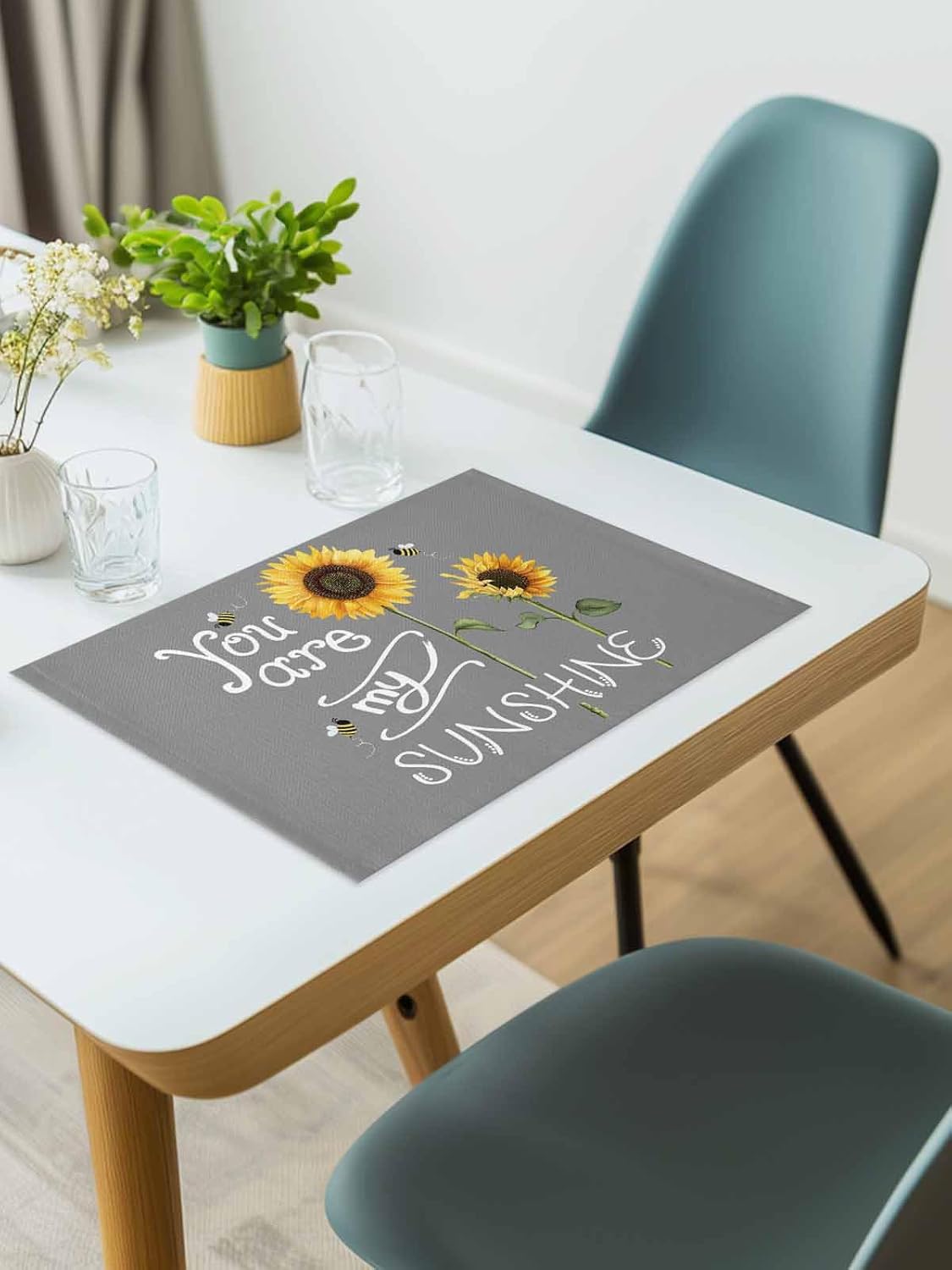 You Are My Sunshine Placemat for Dinning Table Sunflower Placemats Set of 4-Cotton Linen Waterproof Cloth Table Mat-Easy Clean Place Mat,Machine Washable Fabric,Rustic Farmhouse Holiday Dinner Decor