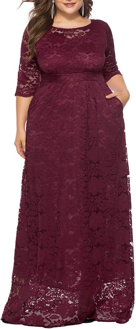 Eternatastic Womens Floral Lace 2/3 Sleeves Maxi Dress Evening Party Long Dress 5XL Dred