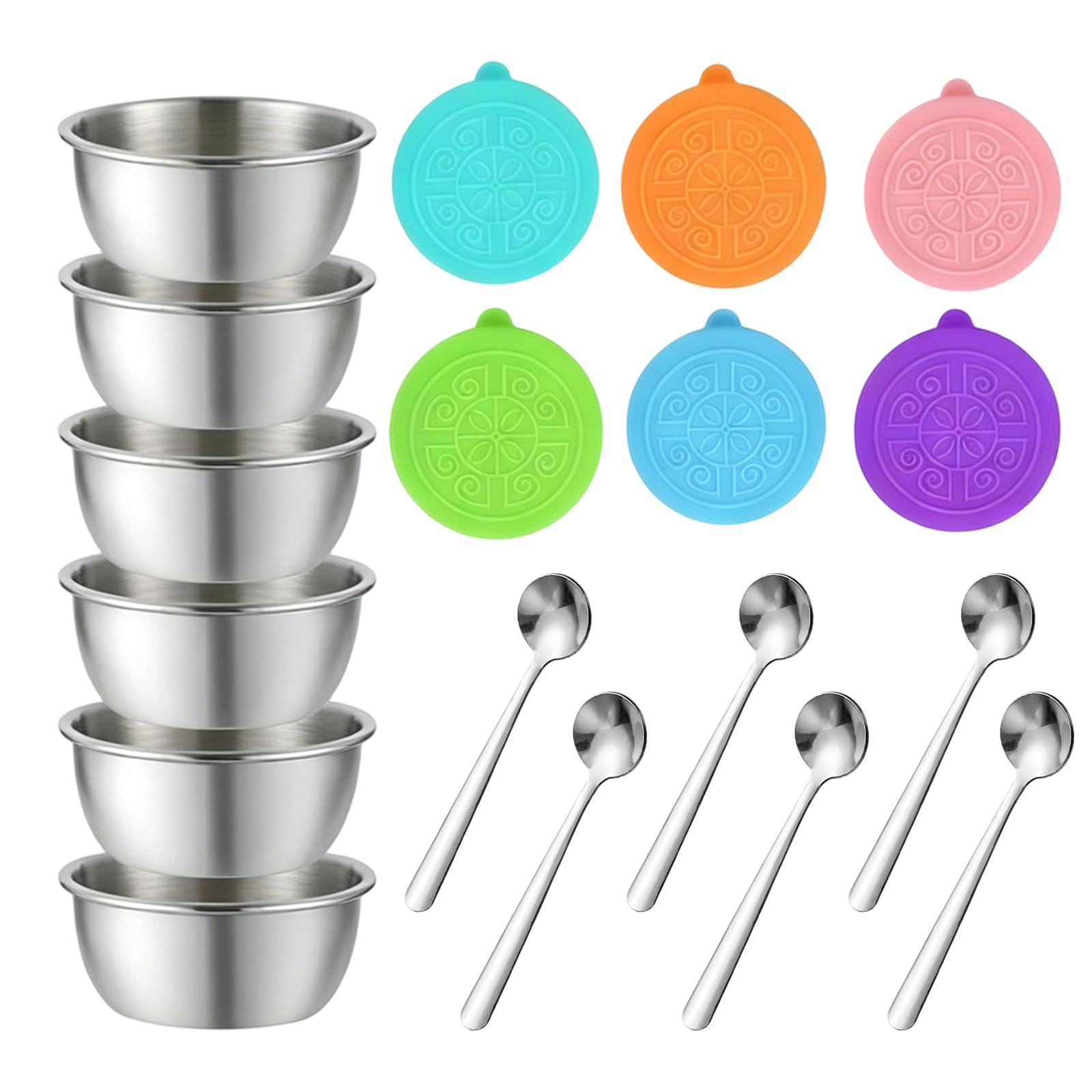 KFSCIP 6 Piece Set Sauce Pots with Lids, Stainless Steel Food Containers, Small Containers with Lids for Lunch Boxes and Meal Prep, with Spoons and Lids, Silver Finish