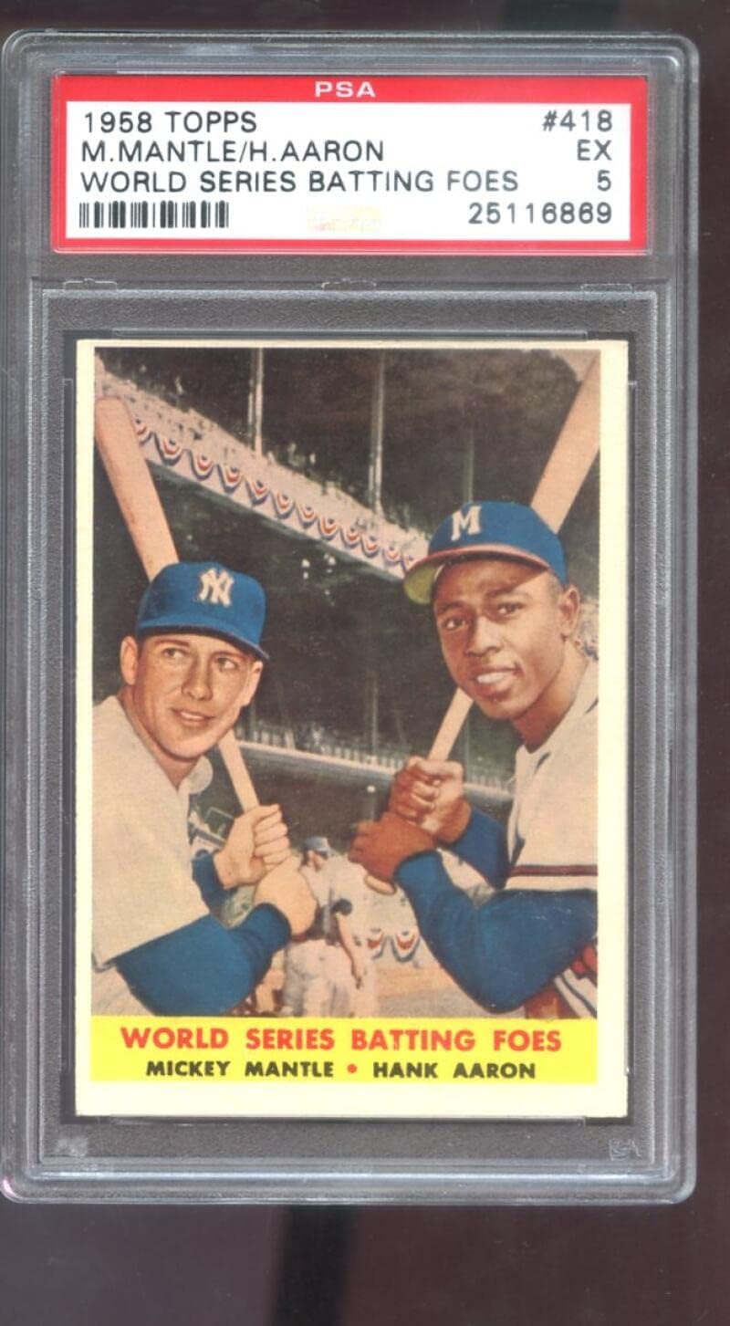 1958 Topps #418 World Series Batting Foes Mickey Mantle Hank Aaron PSA 5 Graded Baseball Card MLB