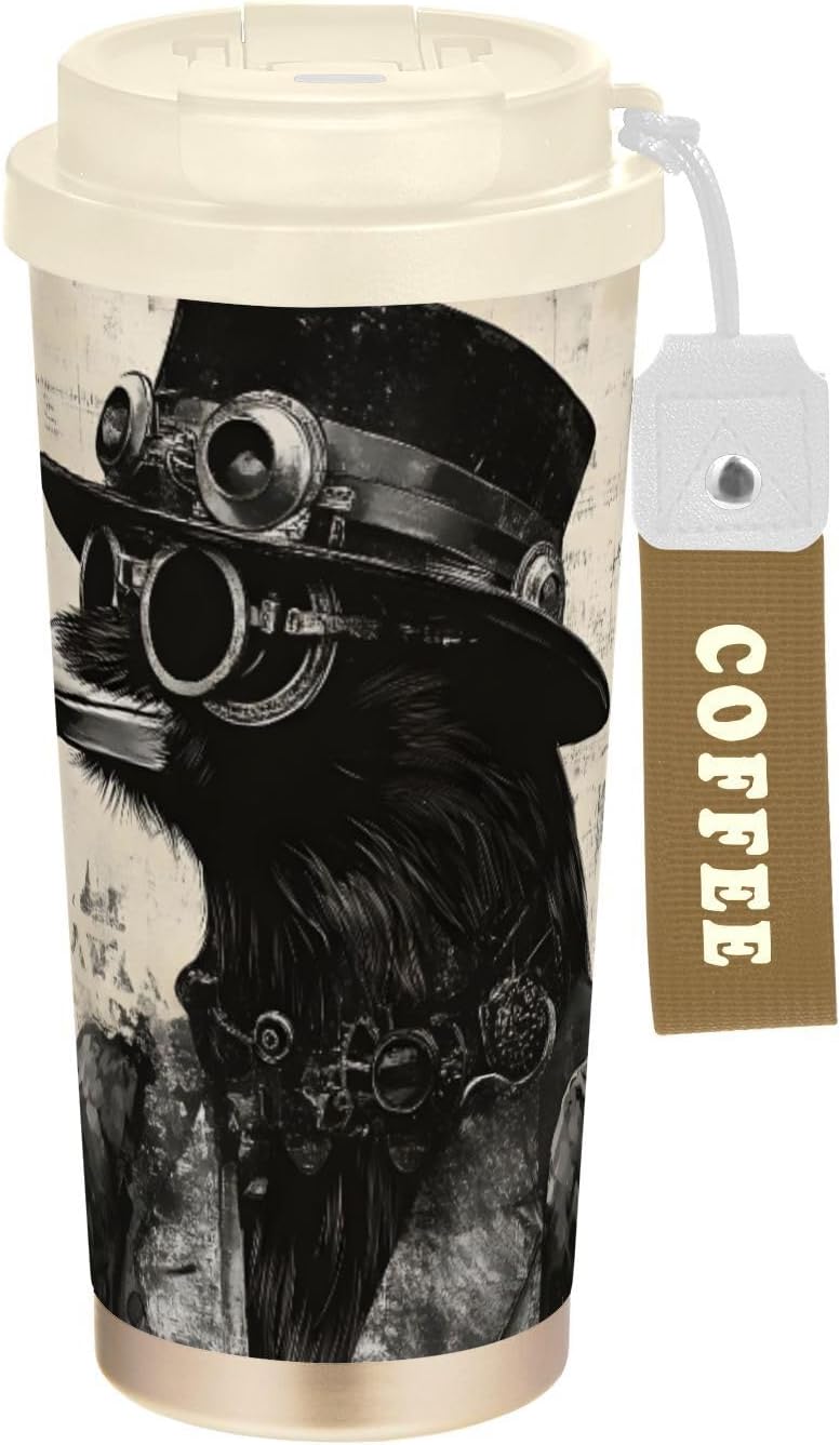 Raven Gothic Retro Insulated Coffee Mug with Straw & Flip Lid, 16.9oz Iced Tumbler Cup, Double Wall Vacuum Leak-Proof Mug for Travel Office