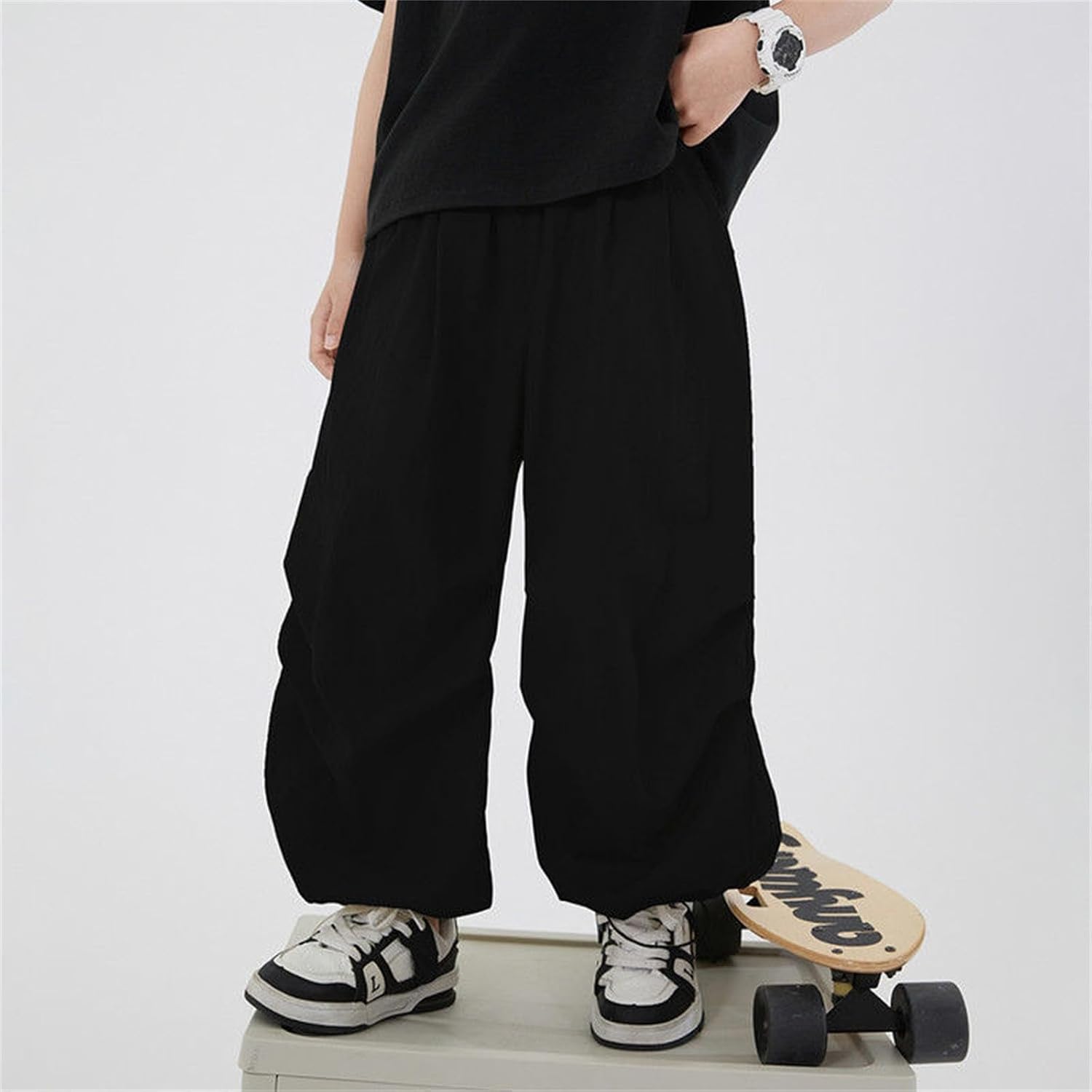 Girls Wide Leg Sweatpants Baggy Letter Patched Elastic Waist Long Pants Drawstring Waist Baggy Sweatpants with Pocket