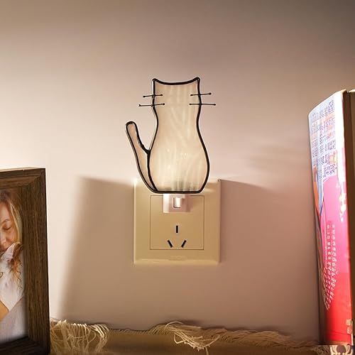 Miniatura 2 de BOXCASA Luz nocturna de gato blanca con bombilla, lámpara de gato de vidrieras, luces nocturnas amarillas cálidas enchufables a la pared para sala