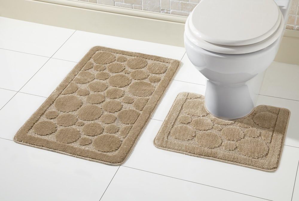 Olivia Rocco Cali Bubbles 2 Piece Bath Mat & Pedestal Set Non Slip Soft Absorbent Toilet Bathroom Mats Sets (Biscuit)