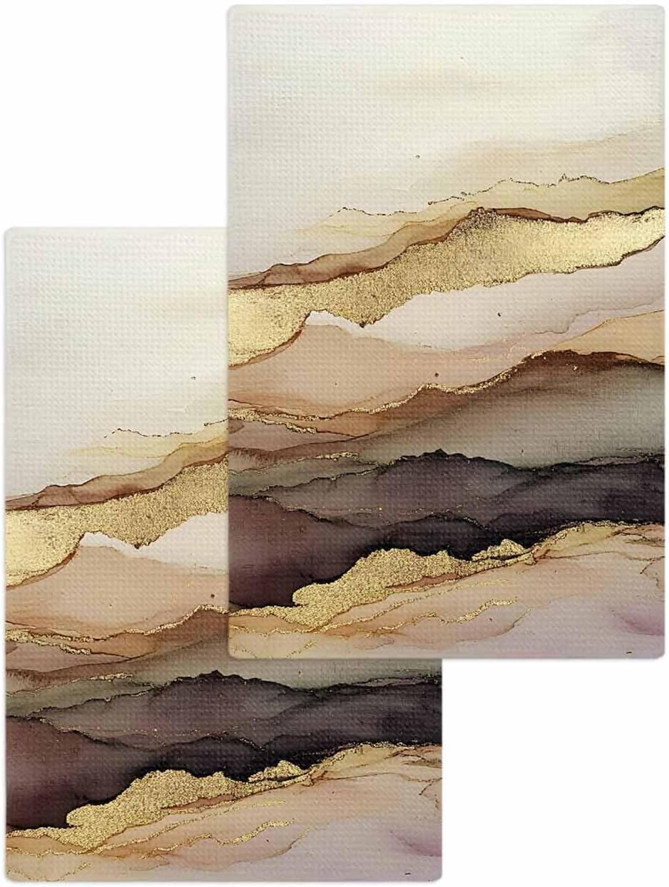 Marble Brown Gold Hand Towels Set,Waffle Weave Kitchen Towels 2 Pieces,Abstract Watercolor Geometric Rock Microfiber Hair Face Bath Tea Towel Absorbent Quick Drying Cleaning Dish Cloths,15.7"x23.6"