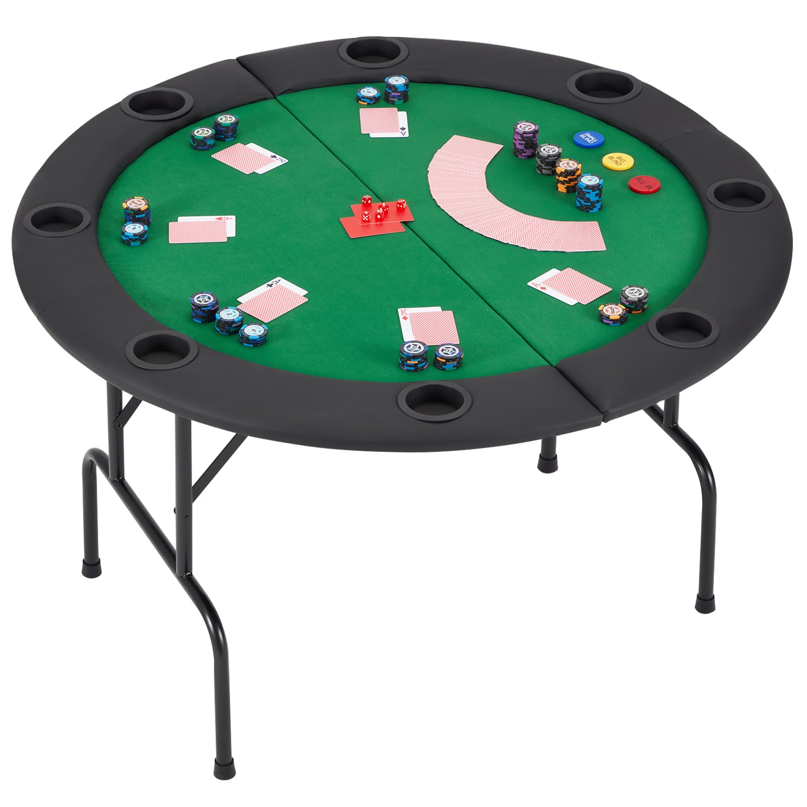 ECOTOUGE Round Poker Table, 8 Players Casino Texas Holdem Table with Folding Metal Legs & Padded Rails, Gaming Play Table with Cup Holders for Card Games,Green